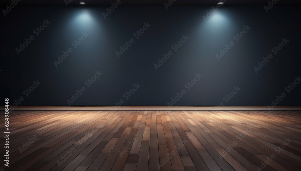 Empty Modern Interior Room with Clear Dark Wall and Wood Floor at Night. Generative ai Empty Modern Interior Room with Clear Dark Wall and Wood Floor at Night. Generative ai