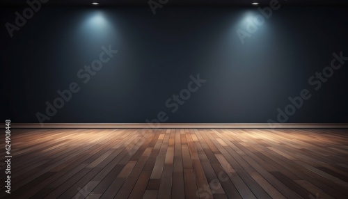 Empty Modern Interior Room with Clear Dark Wall and Wood Floor at Night. Generative ai © Scrudje