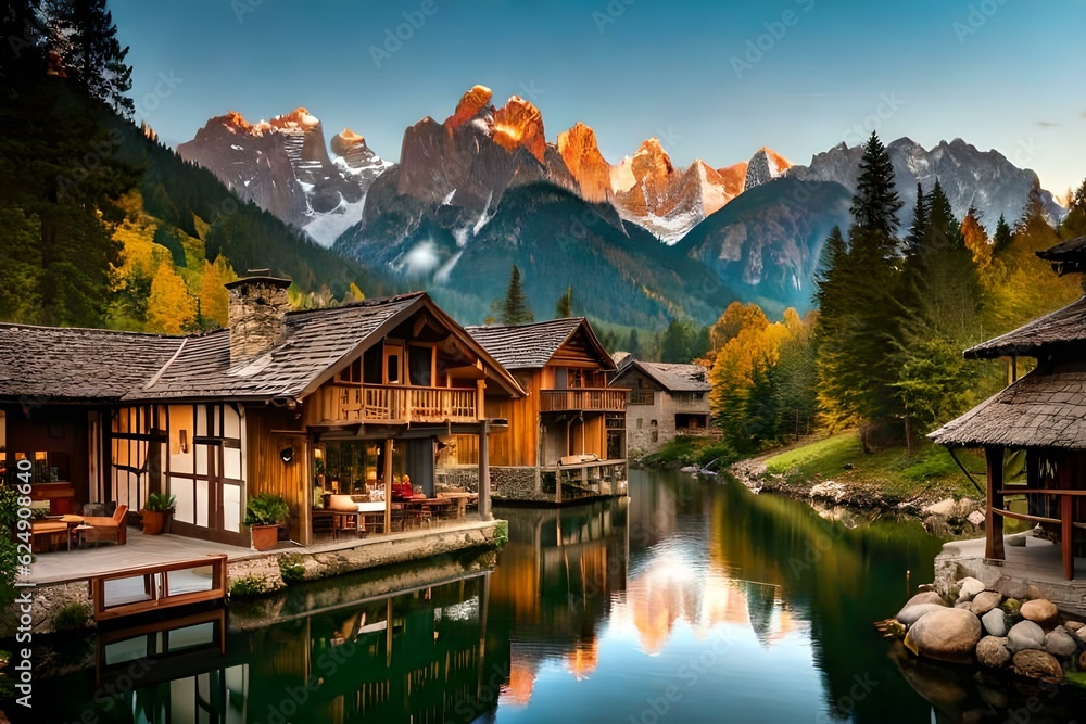 Naklejka premium lake in the mountains at sunset generated Ai.