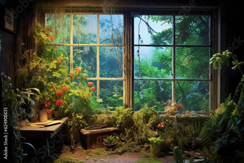 broken window with a view of a peaceful garden, created with generative ai