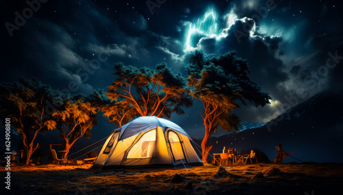 Tourist tent set in the deserted mountainous area. Storm is coming to a camp at night. Generative AI.