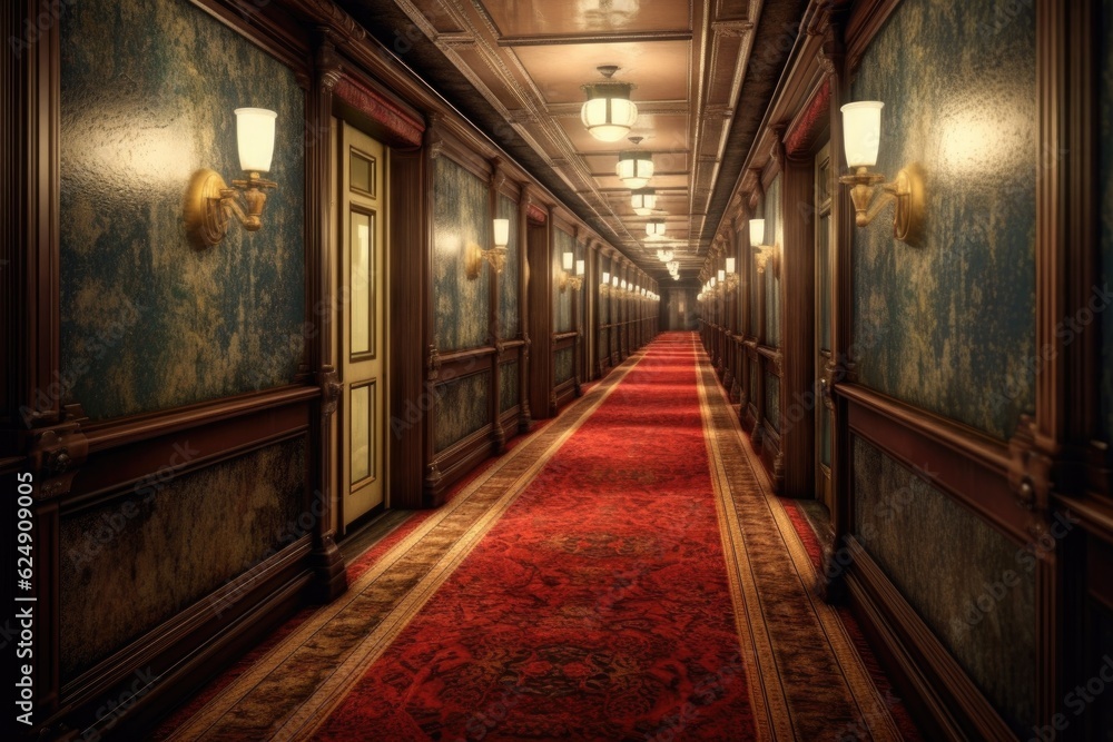 classic train corridor with ornate carpet and lighting, created with generative ai