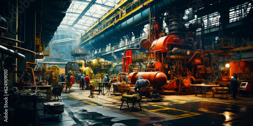 Men working in the premises of the factory. Industrial zone interior from low angle perspective. Generative AI.