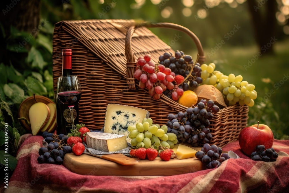 picnic basket with wine, cheese, and fruits in a vineyard, created with generative ai picnic basket with wine, cheese, and fruits in a vineyard, created with generative ai