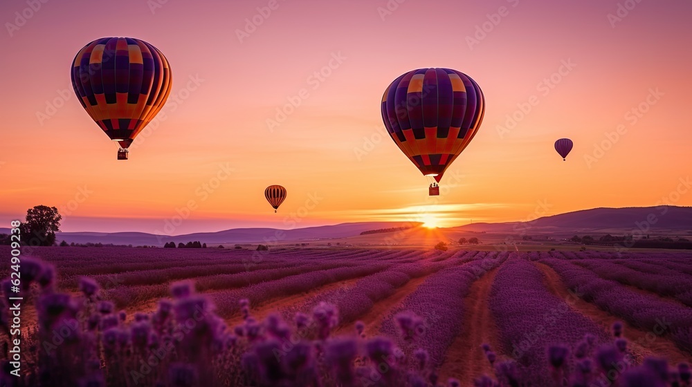 Silhouette of hot air balloons flying over lavender fie
