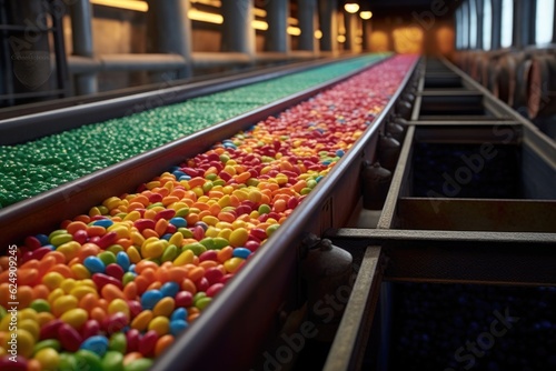 conveyor belt transporting colorful candies in factory, created with generative ai