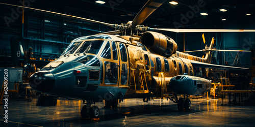 Helicopter with numerous windows standing in the hangar. Aviation concept. Generative AI.