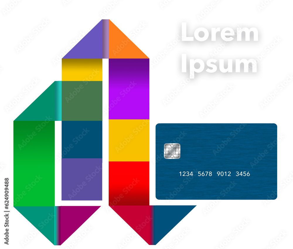 A generic mock credit card is seen with a geometric and multi-colored ribbon isolated on a white background. This 3-d illustration has copy space. A generic mock credit card is seen with a geometric and multi-colored ribbon isolated on a white background. This 3-d illustration has copy space.