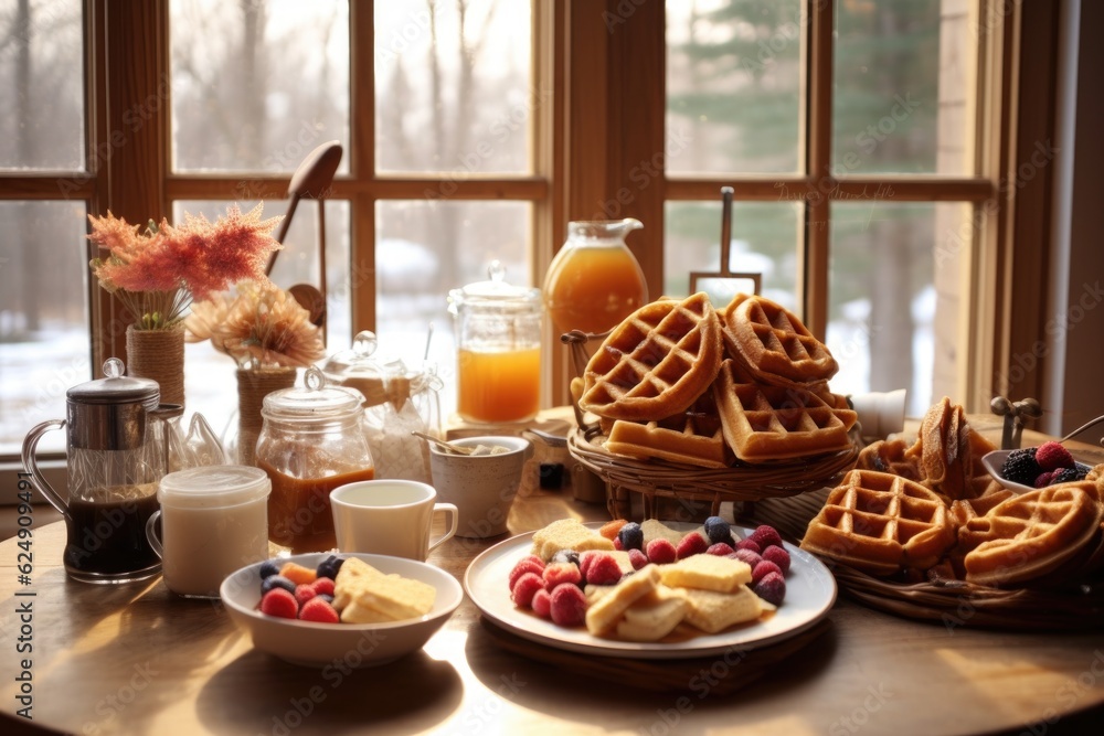 waffles displayed at a cozy breakfast setting, created with generative ai