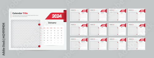 Modern red color desk calendar template of 2024 with accurate date format and image placeholder