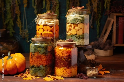 stack of preserved vegetable jars with autumn-themed labels, created with generative ai