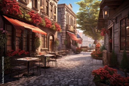 cobblestone street with a cozy outdoor cafe setting, created with generative ai © altitudevisual