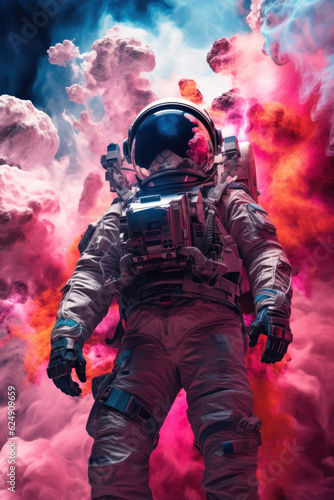 Astronaut with a pink and blue, silky haze in the background