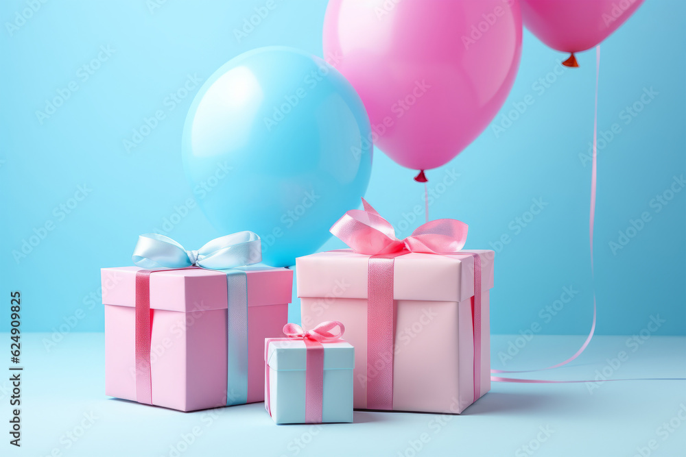 Gender reveal - a gender reveal party decoration with pink and blue present boxes and balloons