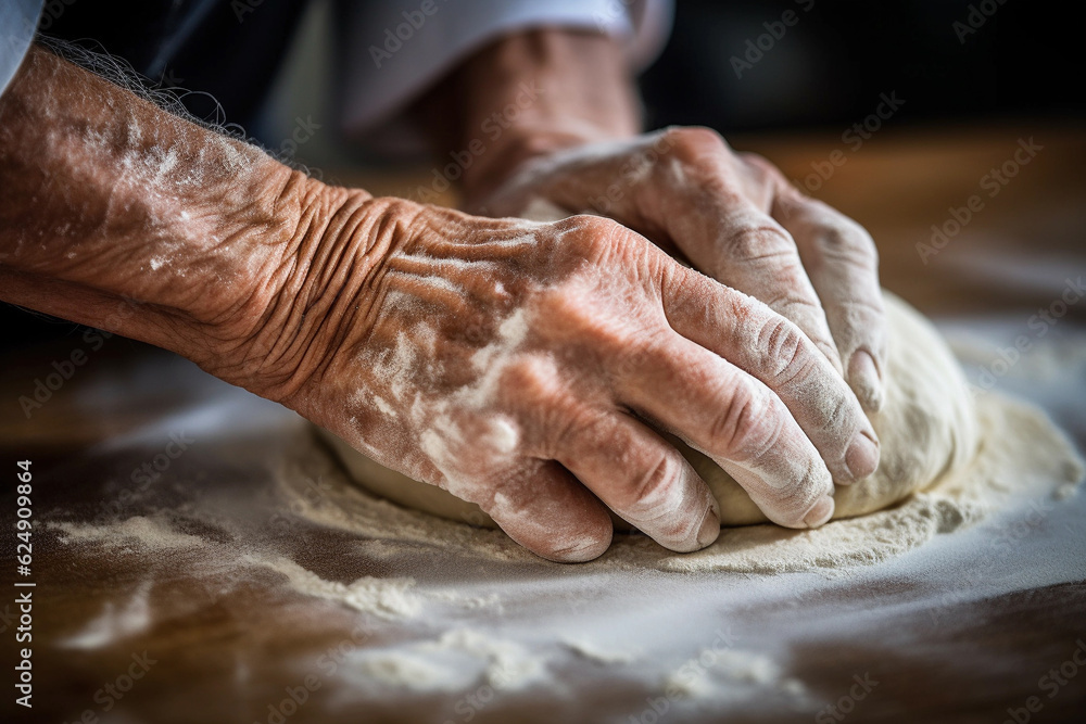 Generative AI illustration of crop senior person kneading dough with flour in kitchen Generative AI illustration of crop senior person kneading dough with flour in kitchen