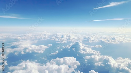 View from airplane window overlooking fluffy clouds