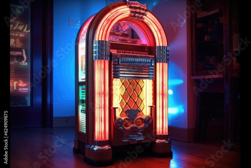 vintage jukebox with glowing neon lights, created with generative ai photo