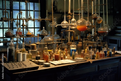 chemistry lab equipment, such as bunsen burners and pipettes, created with generative ai