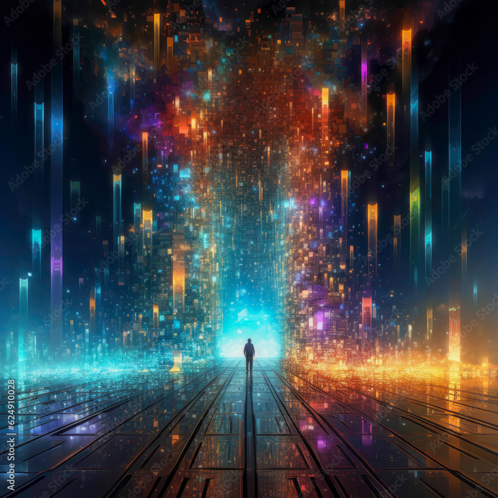 Naklejka premium Cosmic Nexus Digital Interface Unveiling the Akashic Records AI Navigator, Fractal Pixel Generative Archive, and Infinite Knowledge