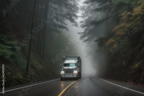 white semi truck driving through a dense foggy forest, created with generative ai