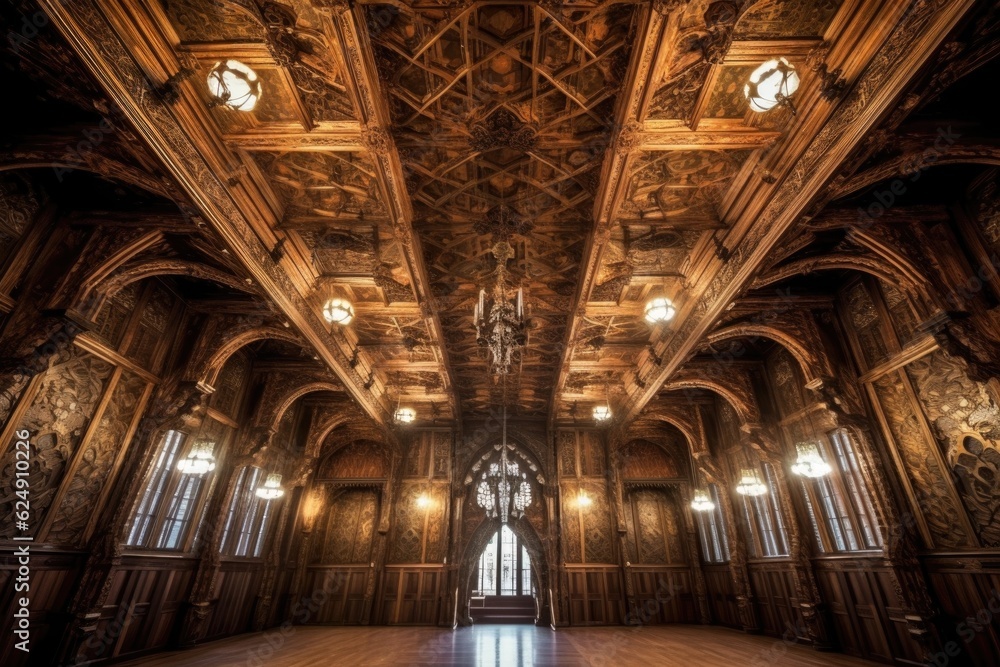 Obraz premium wide-angle shot of ornate wooden ceiling, created with generative ai