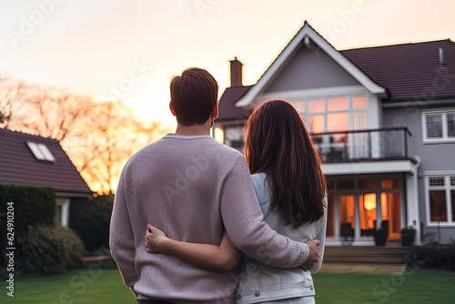 Couple embracing in front of their new big modern house, rear view. Buying your dream home. Mortgage, home loan concept. Generative AI