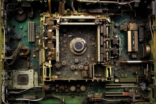 top view of a disassembled computer motherboard, created with generative ai