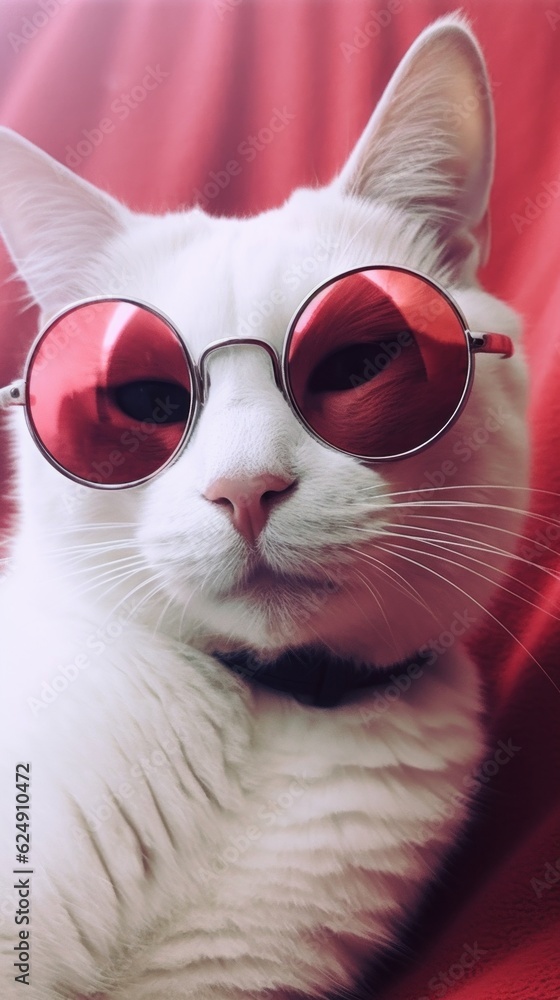 Photo of a stylish white cat wearing red glasses on a vibrant red blanket .generative ai