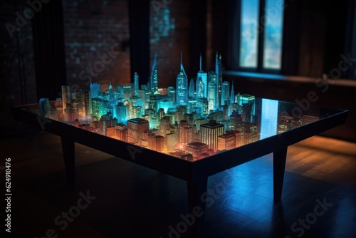 Wallpaper Mural futuristic holographic cityscape projection on table, created with generative ai Torontodigital.ca