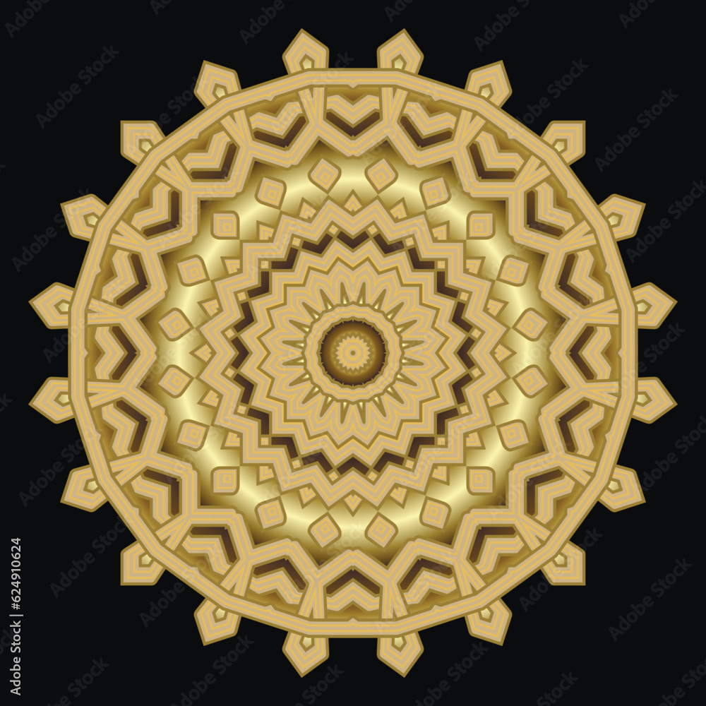 Floral zigzag Mandala. Gold celtic style zig zag mandala pattern. Luxury ornamental vector background. Celtic arabic circle textured ornaments wirh arabesque elements, lines, frames, borders