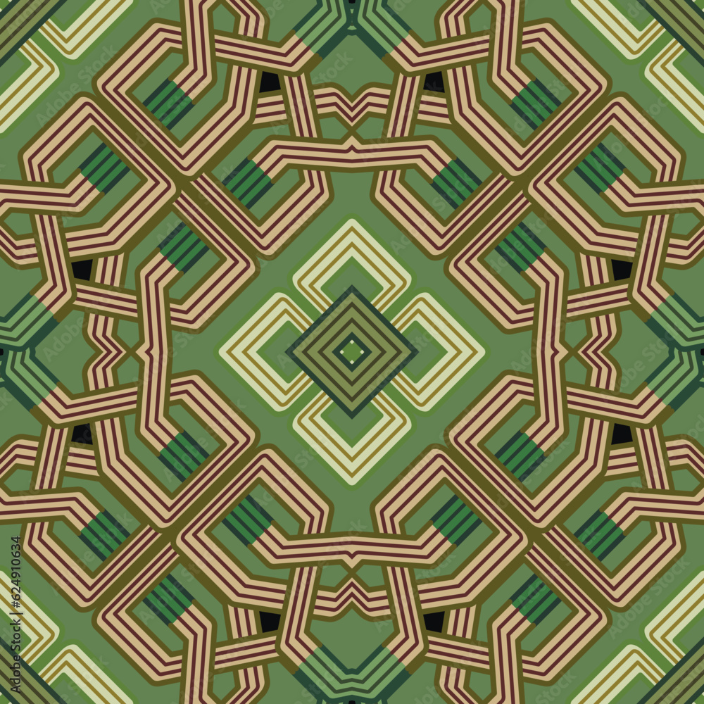 Celtic arabesque tribal ethnic style  intricate seamless pattern. Ornamental vector green background. Repeat colorful backdrop. Beautiful vintage arabic ornament. celtic knots, rhombus, frame, border