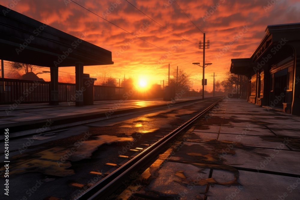 sunrise over empty train station platform, created with generative ai
