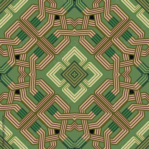 Celtic arabesque tribal ethnic style intricate seamless pattern. Ornamental vector green background. Repeat colorful backdrop. Beautiful vintage arabic ornament. celtic knots, rhombus, frame, border