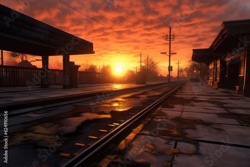 sunrise over empty train station platform, created with generative ai © Alfazet Chronicles