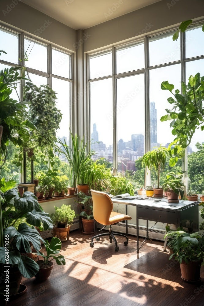 sunny office with large windows and potted plants, created with generative ai