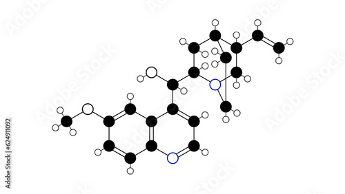quinine molecule, structural chemical formula, ball-and-stick model, isolated image antimalarials