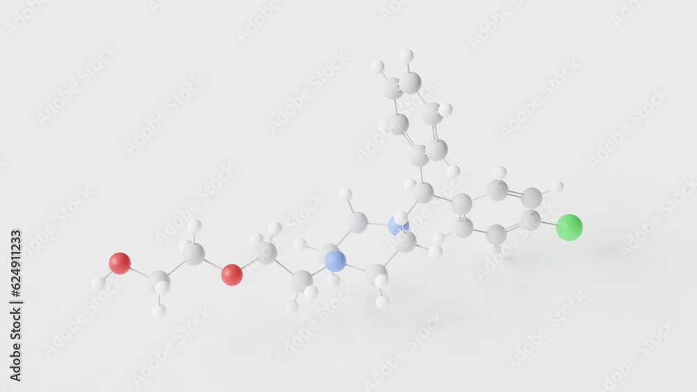 hydroxyzine molecule 3d, molecular structure, ball and stick model, structural chemical formula anxiolytics