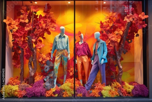 seasonal window display with colorful outfits, created with generative ai