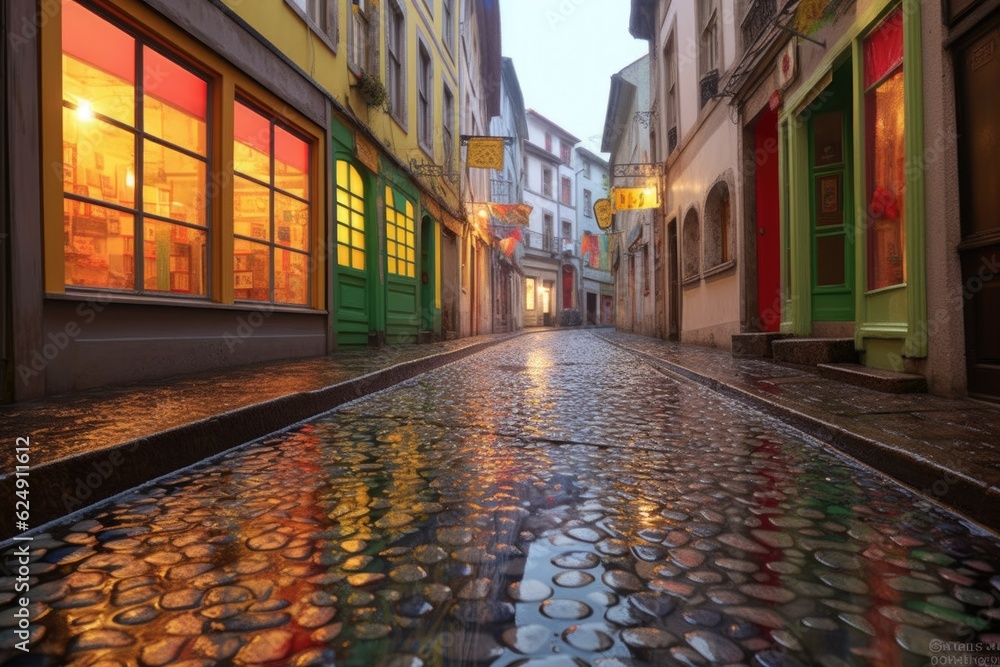 dew-covered cobblestones reflecting colorful storefronts, created with generative ai