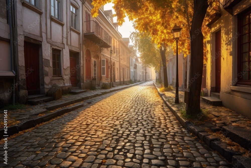 dawn sunlight casting shadows on cobblestone alley, created with generative ai