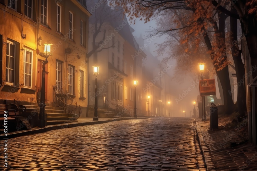 foggy cobblestone street with glowing streetlamps, created with generative ai