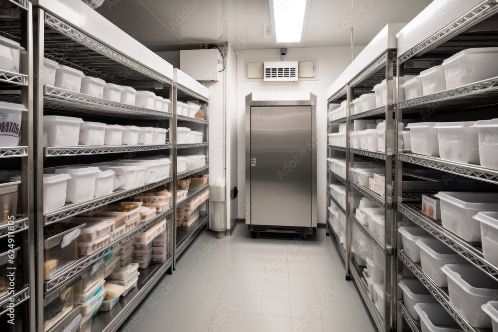 a walk-in freezer with shelves of frozen food and boxes, created with generative ai