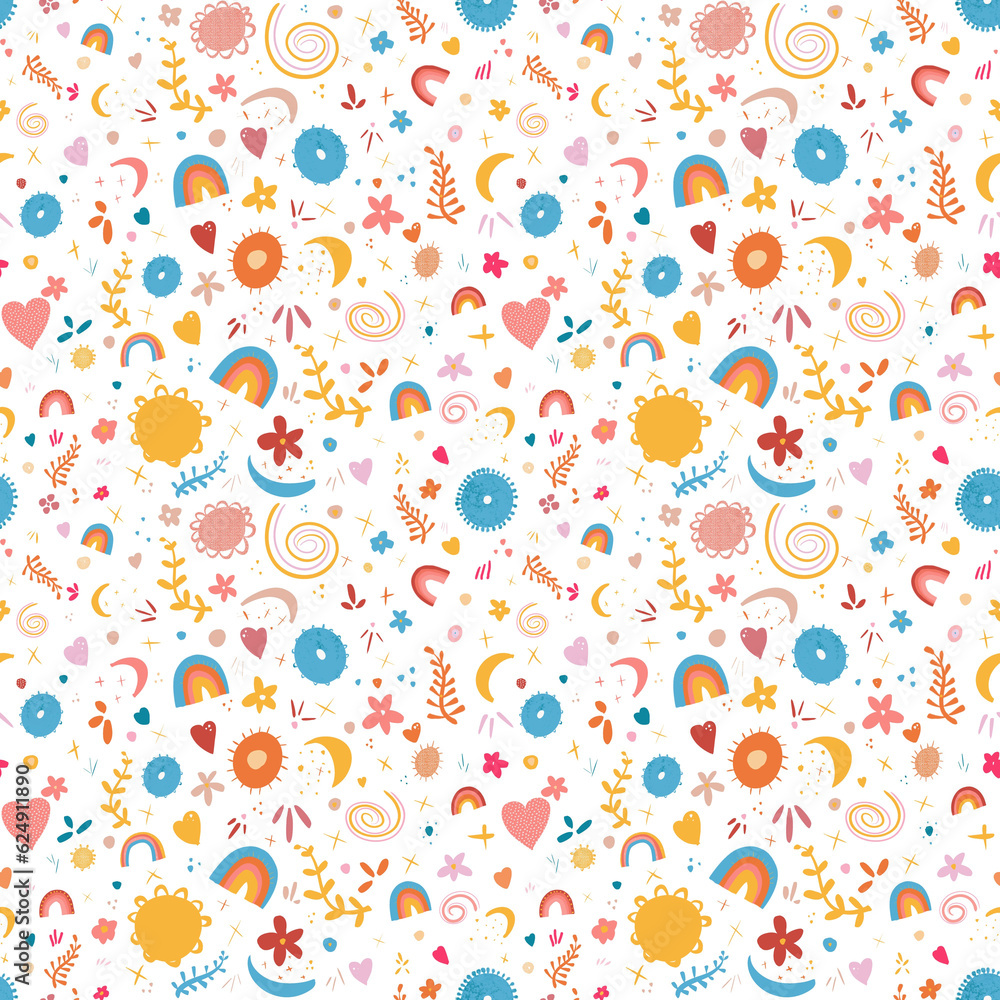 Abstract shape seamless pattern with colorful kids doodles. Cartoon background, simple random shapes in bright childish colors. Wrapping paper design pattern.