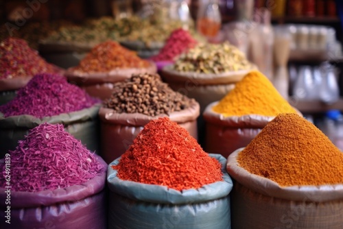 close-up of vibrant spice piles in a market, created with generative ai