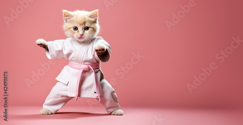 Funny cat in white kimono exercising yoga or Asian martial arts. Legs wide stance, paws in air. Banner with copy space on side. Generative AI © Lubo Ivanko