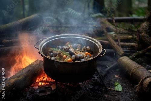 smoke rising from campfire with cioppino pot in background, created with generative ai