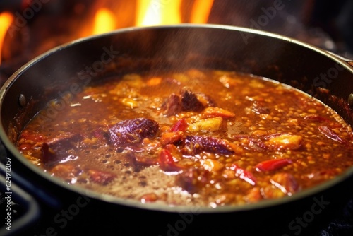 close-up of bubbling gumbo with campfire flames, created with generative ai
