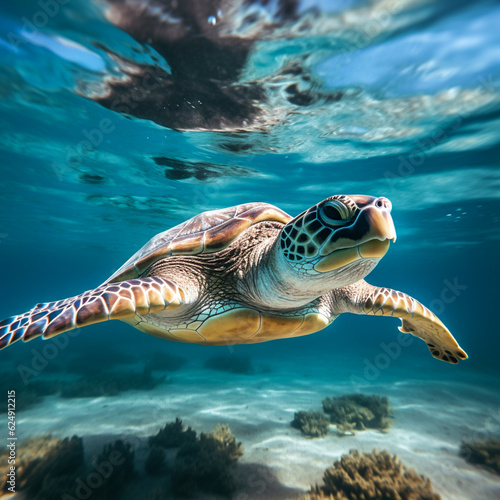 Majestic Underwater Encounter  Captivating Image of a Giant Turtle in the Deep Blue