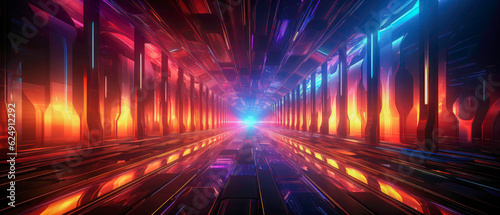 Luminous Velocity Inside the Tunnel, Speed of Light Illuminated in Neon Lights Color Patterns © Techtopia Art