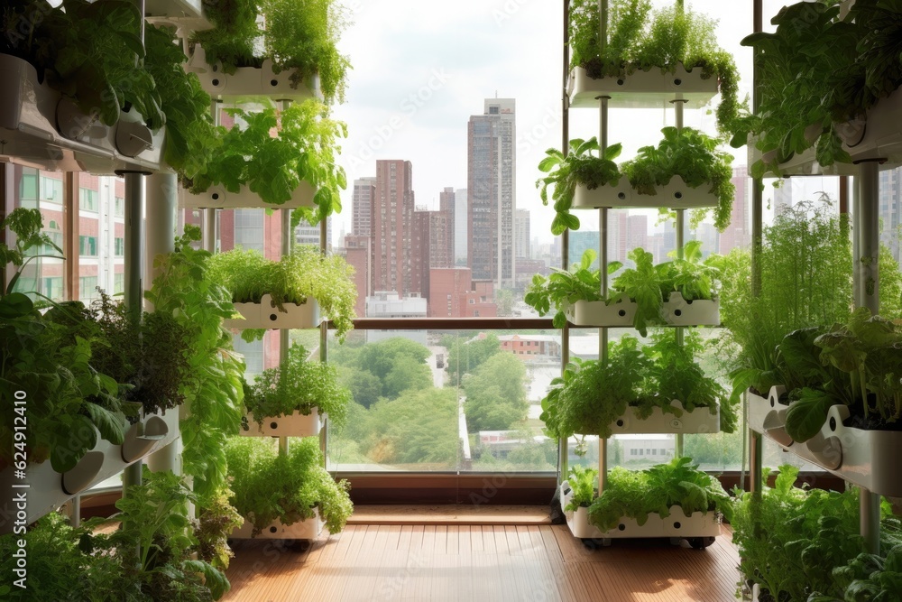 self-sufficient urban farm in a high-rise building, created with generative ai